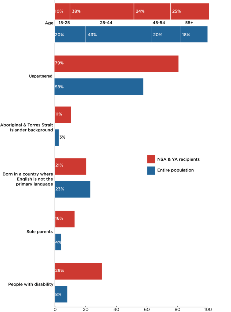 Bar graph showing the profile of long term Newstart/Youth Allowance (other) recipients by age, partnership status, whether of Aboriginal and Torres Strait Islander background, born in a country where English is not the primary language, sole parents, or people with disability.